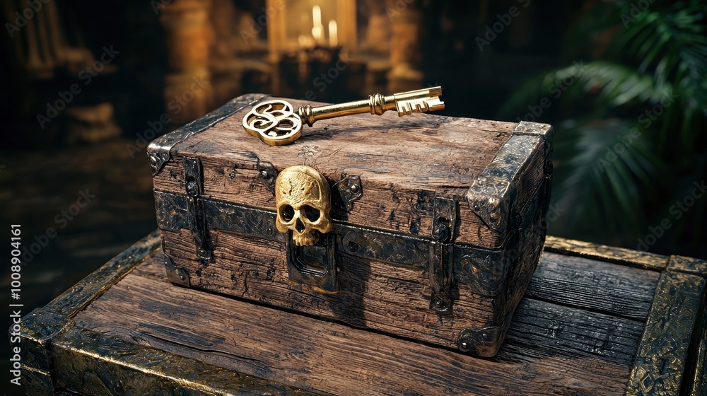 Ancient treasure chest with a golden key and skull design, set in a ...