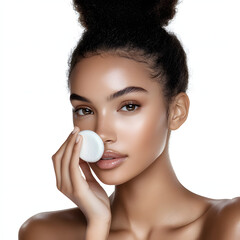 model applying toner with a cotton pad isolated on white background