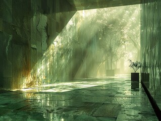 Wall Mural - Modern Architecture with Sunlight Beams and Green Trees