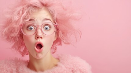 A fashionable and youthful woman with pink glasses and curly hair, expressing surprise, wears a textured pink sweater against a solid pink background, embodying creativity.