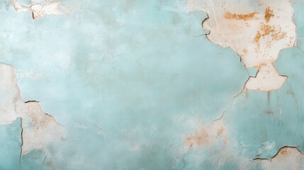 Poster - Close-up of an old wall with textured turquoise paint that is peeling and cracking, revealing layers beneath, giving the wall a rustic yet artistic appearance.