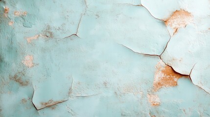 Poster - a detailed view of a turquoise painted wall with prominent cracking and peeling, showcasing layers o