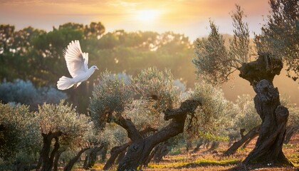 Poster - White Dove: Holy Spirit. Dove in an Olive Grove at Dawn.