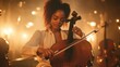 © Larisa AI - A gifted cellist is caught in a moment of musical immersion, playing passionately on stage. The glow from the soft, warm lights enhances the expressive ambiance.