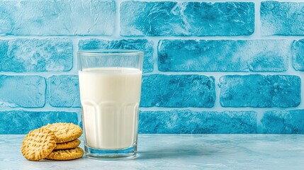 A glass of fresh milk beside delicious cookies on a vibrant blue brick background.