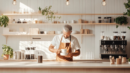 A barista in an apron prepares cup of coffee in modern cafe with wooden shelves and plants. warm atmosphere invites relaxation and enjoyment