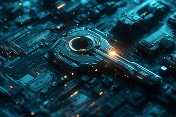 Poster - Futuristic circuit board with glowing elements and intricate design.