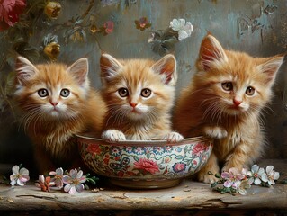 Wall Mural - Three Adorable Ginger Kittens in a Floral Bowl