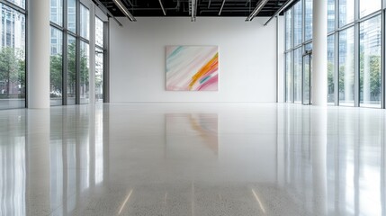 Poster - A spacious, minimalist gallery with a polished floor features a vibrant abstract painting, capturing modern art's dynamic essence in a serene urban setting.
