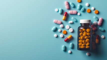 top view of medicine bottle with scattered pills on colorful background. empty jar, medication, trea