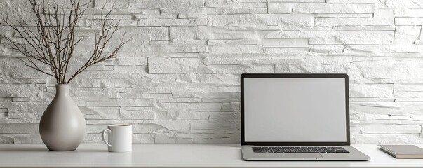 A clean, minimalist workspace featuring a laptop, smartphone, coffee mug, and decorative vase against a white brick wall