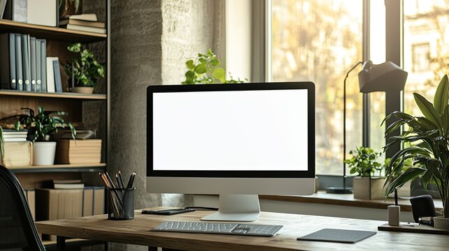 computer with a blank white screen on a desk in a modern office room, a mockup for artwork or text display template, with copy space. White background