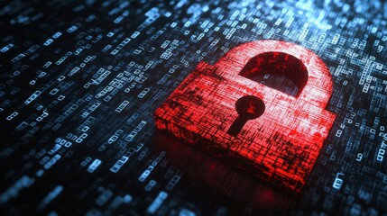 Poster - Cyber attack alert with a red broken padlock symbol on screen, digital background filled with binary numbers. Internet security breach concept.