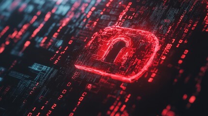 Poster - Cyber attack alert with a red broken padlock symbol on screen, digital background filled with binary numbers. Internet security breach concept.
