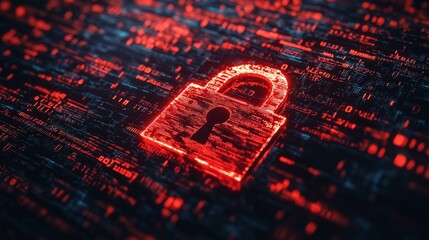Poster - Cyber attack alert with a red broken padlock symbol on screen, digital background filled with binary numbers. Internet security breach concept.