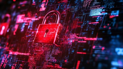 Poster - Cyber attack alert with red broken padlock, digital screen with warning messages. Symbol of system hack, security breach, and internet threat.