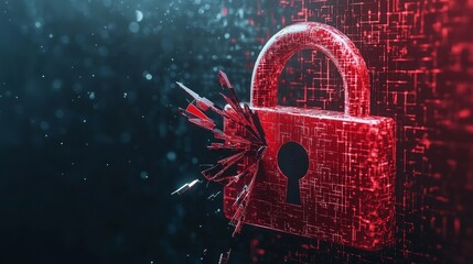 Poster - Digital security breach concept with a red broken padlock, representing hacker attack. Matrix code in the background, indicating cyber vulnerability.