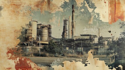 A vintage-inspired image of a factory complex with smoke stacks and industrial structures, overlaid with distressed textures and paint splatters.