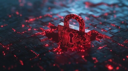 Poster - Digital security breach concept with a red broken padlock, representing hacker attack. Matrix code in the background, indicating cyber vulnerability.