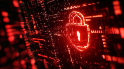 Poster - Hacker attack alert with red padlock icon and digital matrix, indicating system breach. Cybersecurity, online vulnerability, and security threat concept.