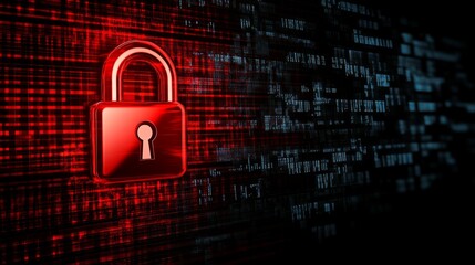 Poster - Hacker attack alert with red padlock icon and digital matrix, indicating system breach. Cybersecurity, online vulnerability, and security threat concept.