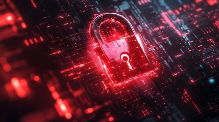 Poster - Hacker attack and security breach represented by a red broken padlock, glowing against a digital matrix background. Cybersecurity concept.