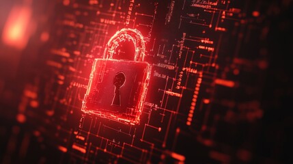 Poster - Hacker attack and security breach represented by a red broken padlock, glowing against a digital matrix background. Cybersecurity concept.