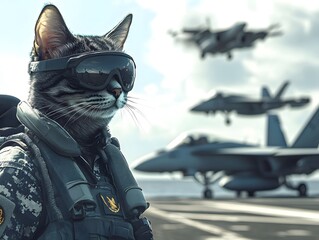 Cat in pilot gear, white isolated background