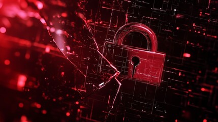 Poster - Hacker attack concept with a red broken padlock and a matrix-like digital background. Symbol of security breach and internet vulnerability.