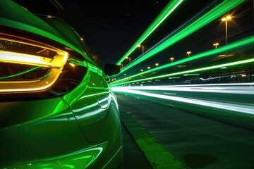 green car lights at night. long exposure