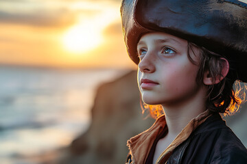 Sticker - Young Pirate Gazing at Sunrise from Coastal Cliffs  