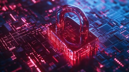 Poster - Red broken padlock on a digital screen, symbolizing a hacker attack. Cybersecurity concept with binary code background and warning alerts.