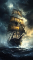 Wall Mural - Stormy Seas and Rugged Pirate Ship in Dramatic Ocean Adventure  