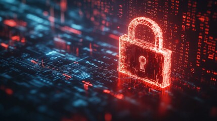 Poster - Red broken padlock on digital background, symbolizing hacker attack and system breach. Cybersecurity concept with binary code and alert sign.