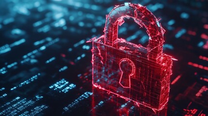 Poster - Red broken padlock with binary codes in background, representing hacker attack. Concept of system breach, cybersecurity issues, and internet threats.