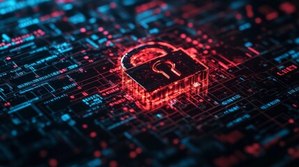 Poster - Security breach alert, red broken padlock on digital interface. Cybersecurity threat, system hacked, internet vulnerability with code background.