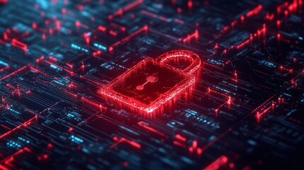 Poster - Security breach alert, red broken padlock on digital interface. Cybersecurity threat, system hacked, internet vulnerability with code background.