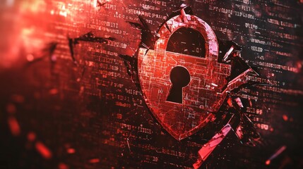 Poster - Security breach with a red broken padlock icon and binary code background, representing a hacker attack and cybersecurity vulnerability.