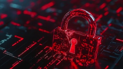 Poster - System hacked alert, red broken padlock with digital codes in the background. Cybersecurity breach concept and online vulnerability.
