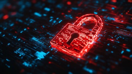 Poster - System hacked alert, red broken padlock with digital codes in the background. Cybersecurity breach concept and online vulnerability.