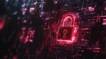 Poster - System hacked alert with a red broken padlock, surrounded by digital matrix codes. Cybersecurity breach concept, indicating internet security risks.