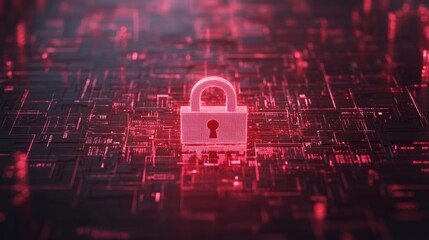 Poster - System hacked alert with a red broken padlock, surrounded by digital matrix codes. Cybersecurity breach concept, indicating internet security risks.
