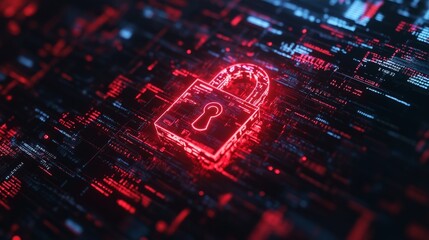Poster - System hacked alert with a red broken padlock, surrounded by digital matrix codes. Cybersecurity breach concept, indicating internet security risks.