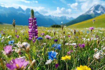 Vibrant wildflower meadow in full bloom with scenic mountain backdrop under a clear blue sky, perfect for nature and landscape photography.