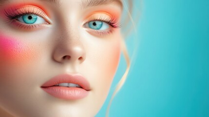 Close-up of a beautiful model with vibrant makeup against a bright blue background.