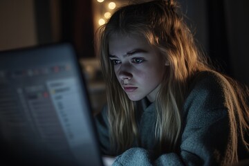 distressed teenage girl reading hurtful messages on her laptop, highlighting cyberbullying issues.
