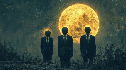 three men in suits stand in front of a large yellow moon