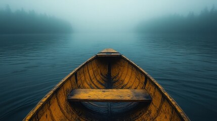 Wall Mural - A foggy lake scene with a yellow boat in serene waters.