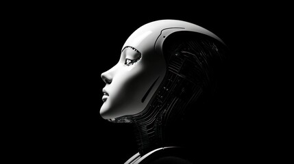 Poster - A White Robot Head in Profile Against a Black Background