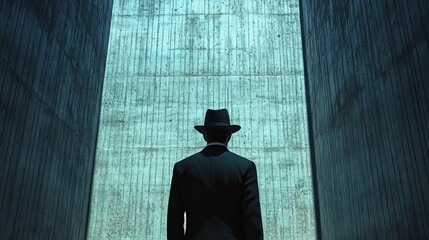 Poster - A man in a black suit and hat stands in front of a wall